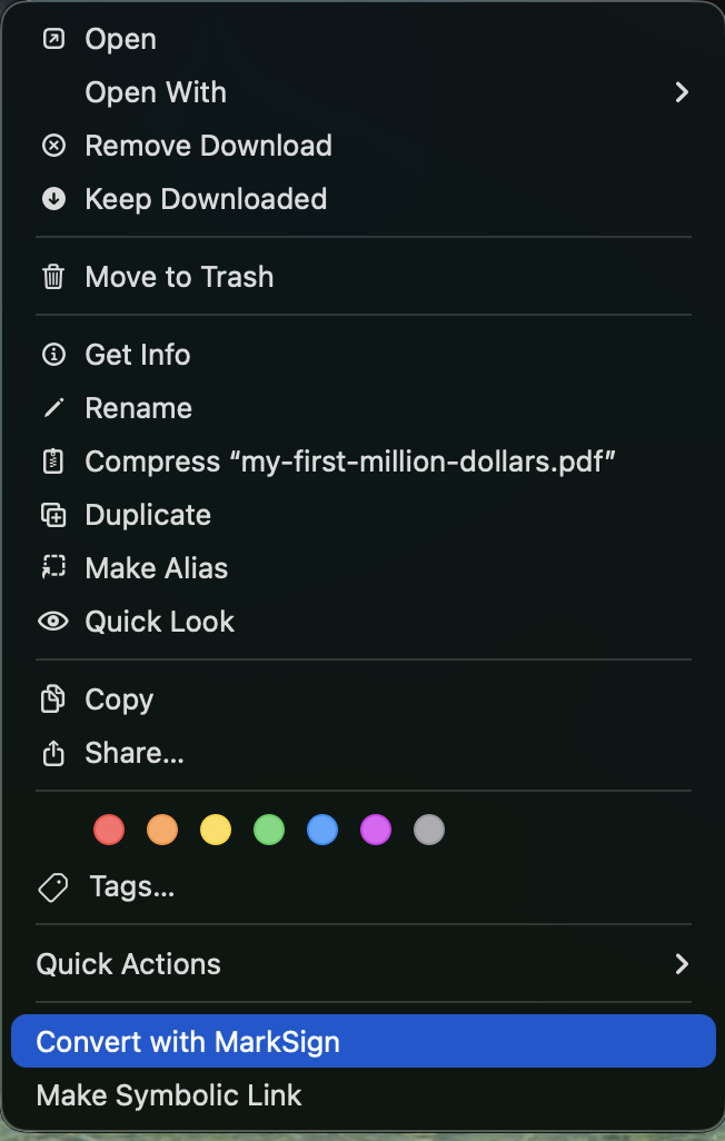 Finder contextual menu showing Convert with MarkSign option highlighted